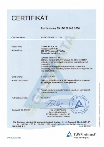 Certifikát EN ISO 3834-2:2006 Certifikát EN ISO 3834-2:2006