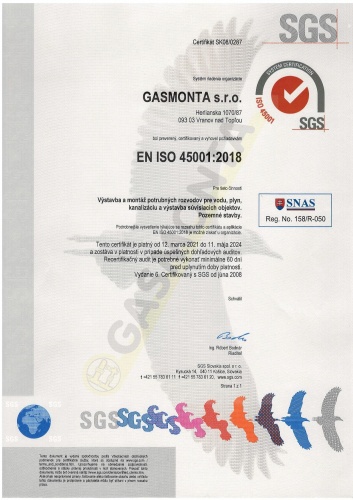 Certifikát EN ISO 45001:2018